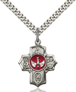 5 Way Medal with Red Enamel Dove in Center in Sterling Silver