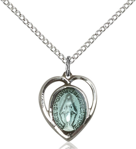 Heart Shaped Sterling Blue Enamel Miraculous Medal on Chain 