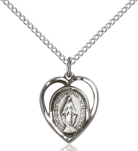 Sterling Silver Heart Shaped Miraculous Medal on Chain 