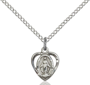 Small Sterling Heart Shaped Miraculous Medal on Chain 